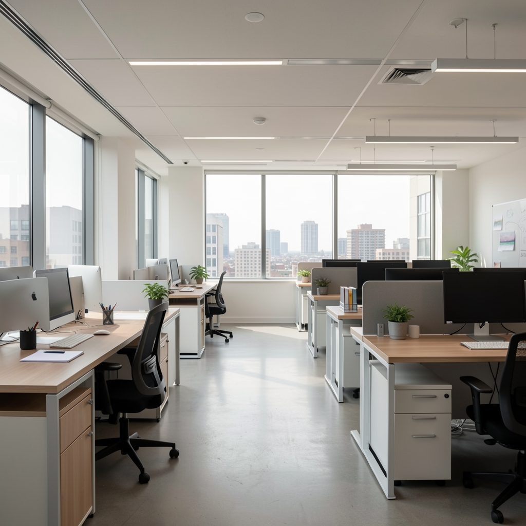 Interior de oficina moderna en Buenos Aires con escritorios ordenados y ventanales luminosos