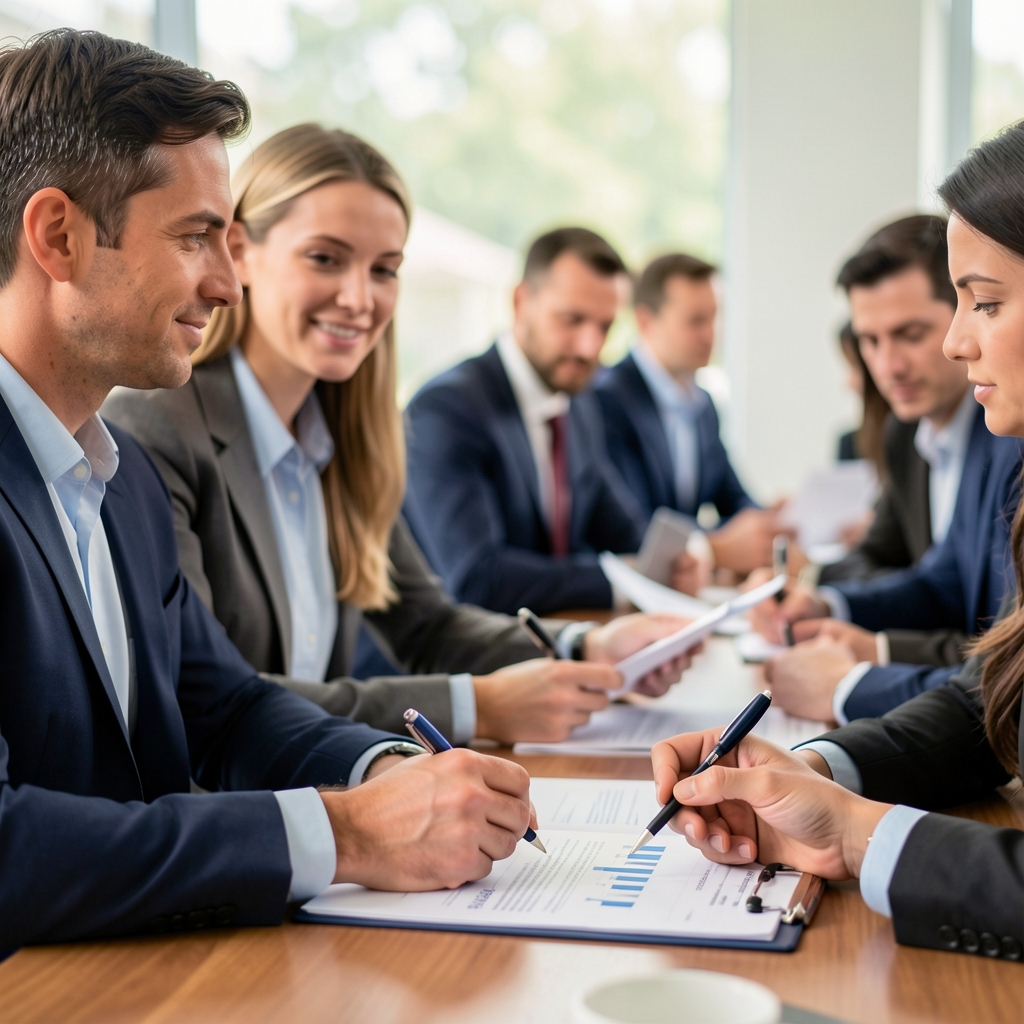 Equipo de profesionales revisando documentos financieros en una mesa de reuniones