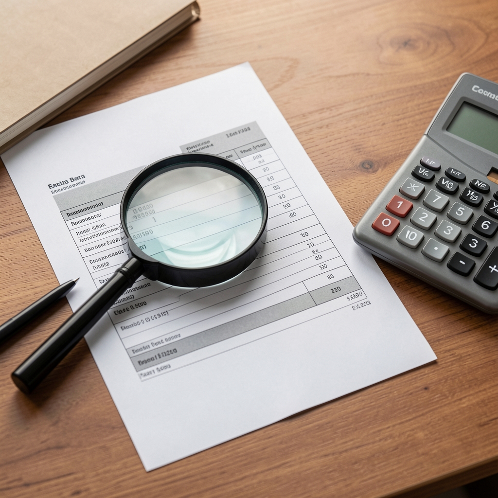 Extracto bancario impreso junto a una lupa y una calculadora sobre un escritorio