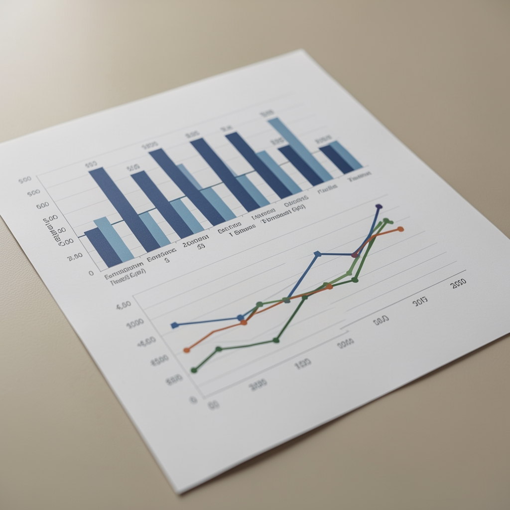 Gráficos de barras y líneas impresos representando estados financieros trimestrales
