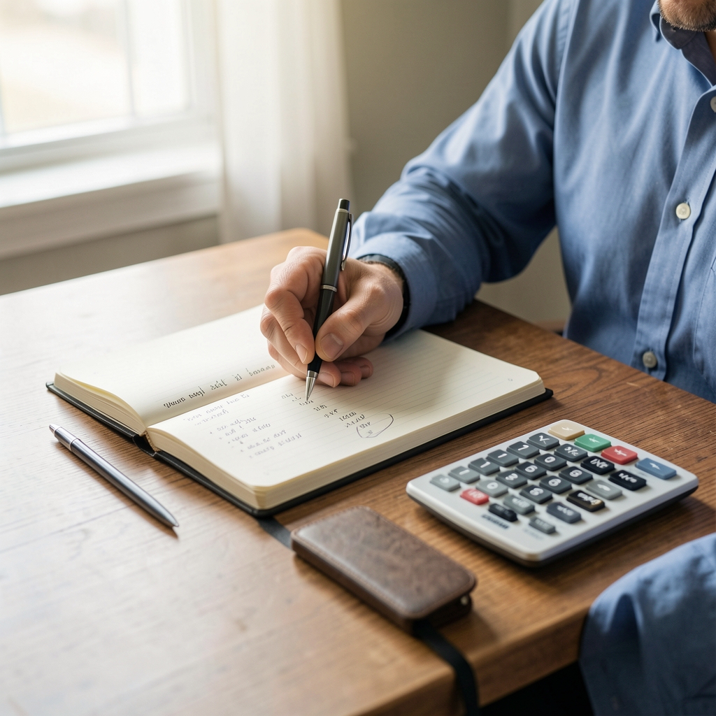 Persona escribiendo anotaciones contables en un cuaderno junto a una calculadora