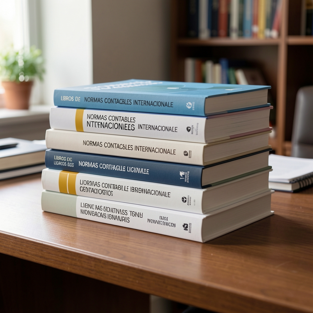 Libros de normas contables internacionales apilados sobre una mesa de estudio