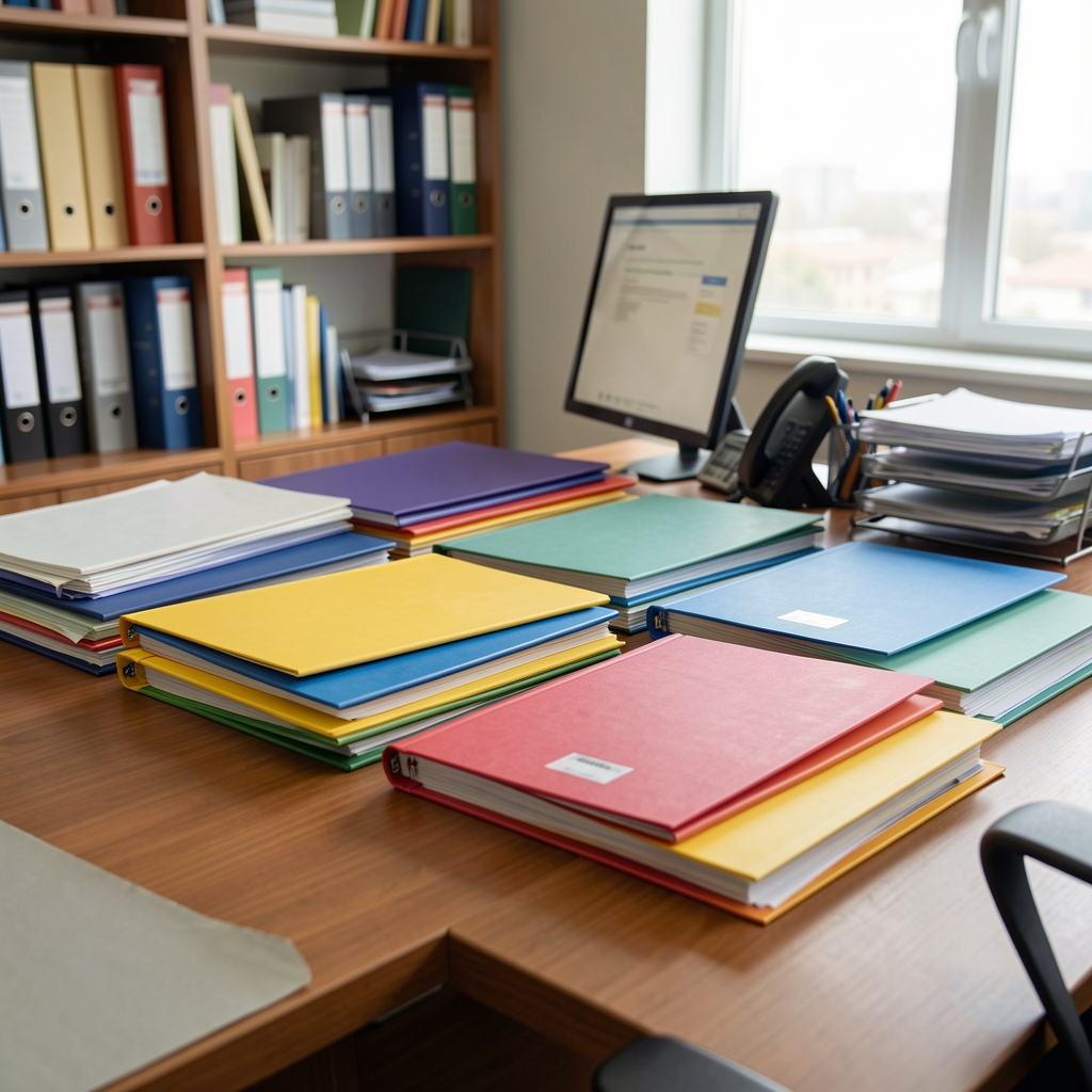 Carpetas de archivo organizadas por colores sobre un escritorio de oficina contable