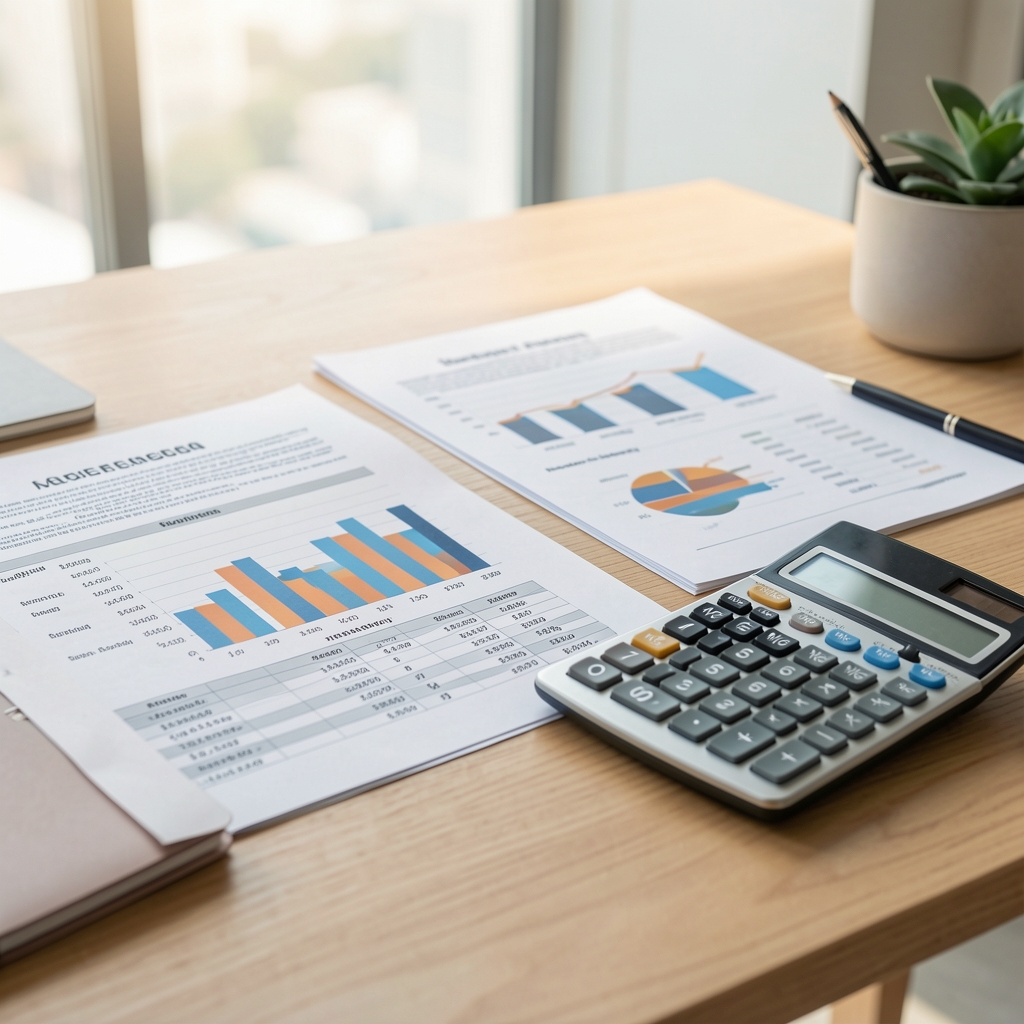 Mesa de trabajo con documentos financieros, calculadora y gráficos de barras