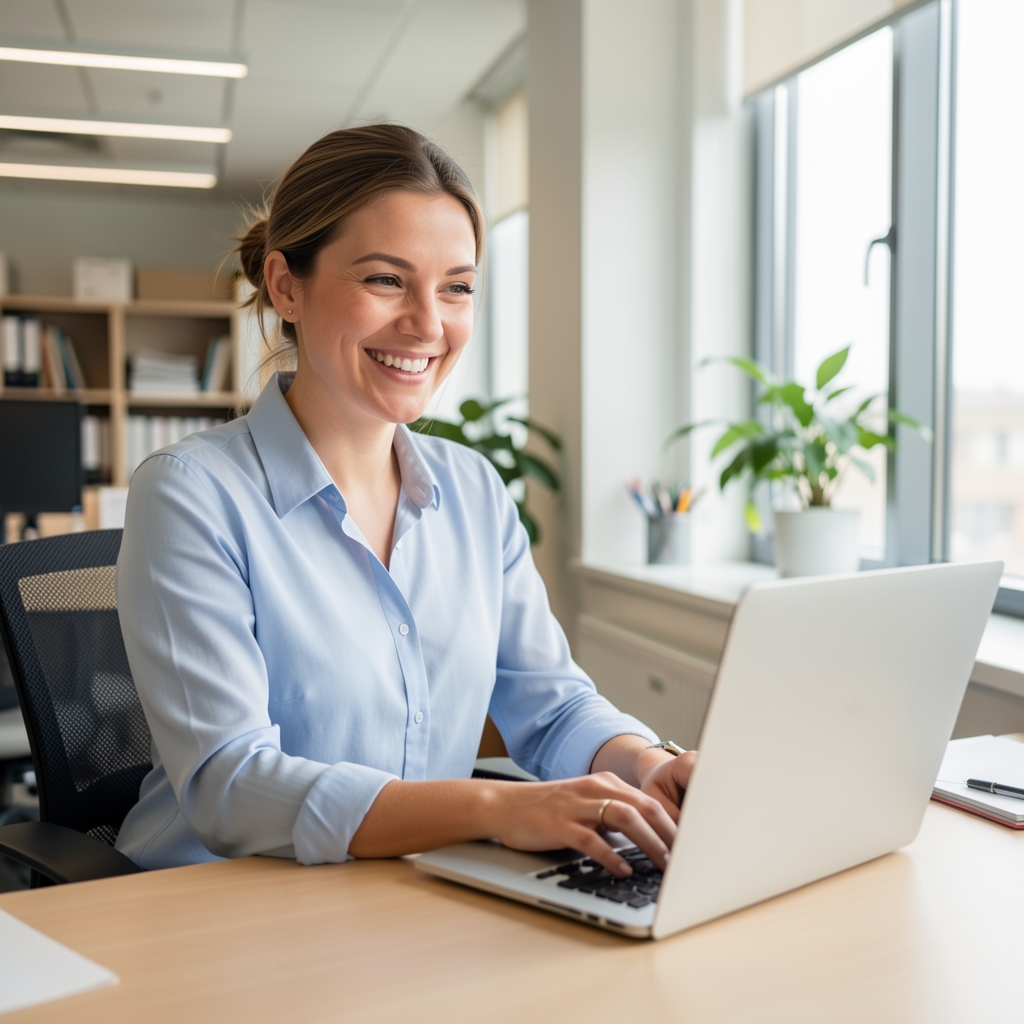 Persona sonriente frente a una laptop respondiendo consultas en una oficina luminosa