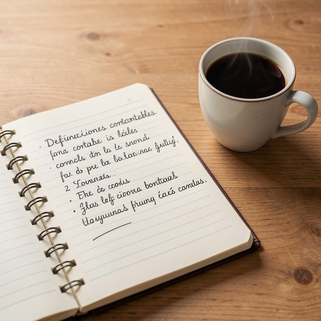 Cuaderno con definiciones contables escritas a mano junto a una taza de café