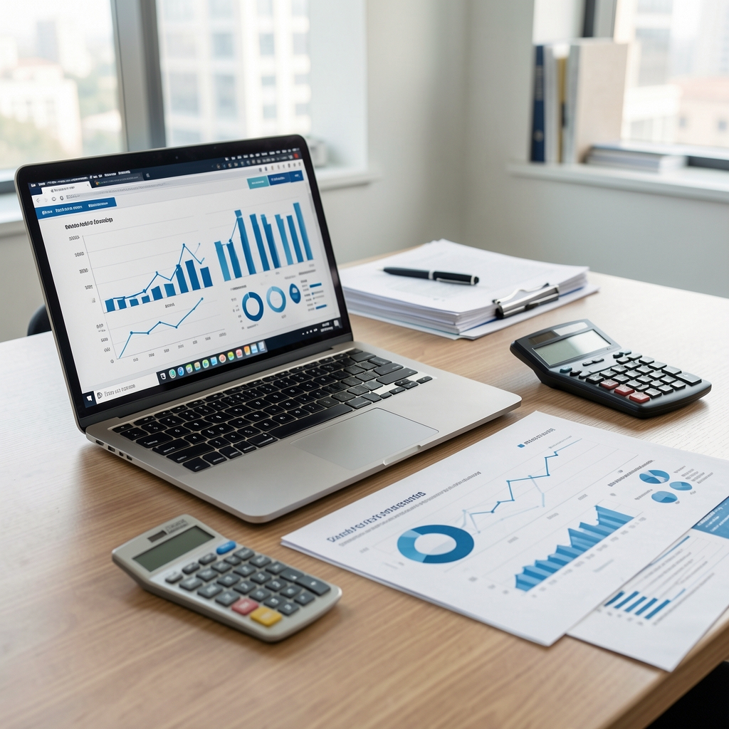 Escritorio de oficina financiera con laptop, calculadora y gráficos de informes impresos en tonos azules