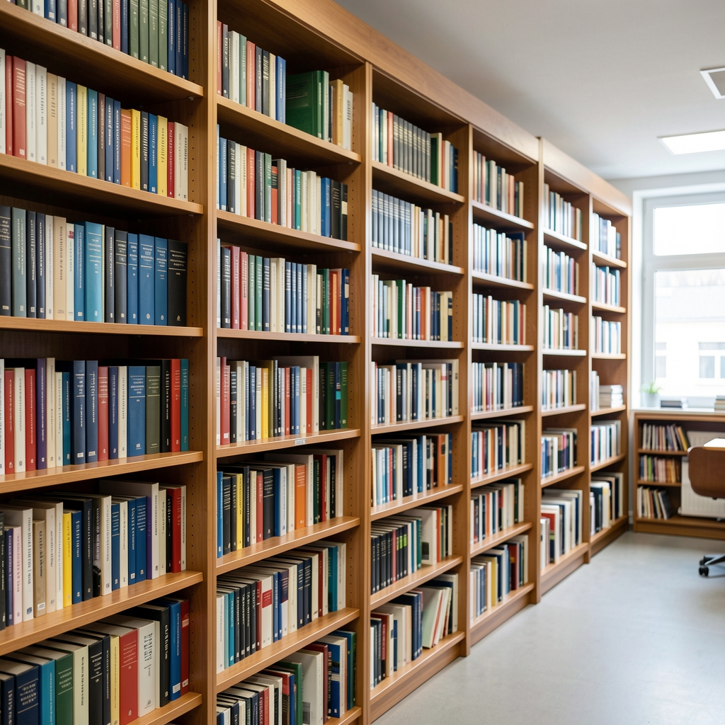 Biblioteca con libros de contabilidad y finanzas ordenados en estantes de madera