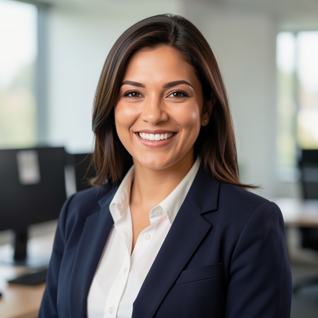 Retrato profesional de una mujer contadora sonriendo en una oficina